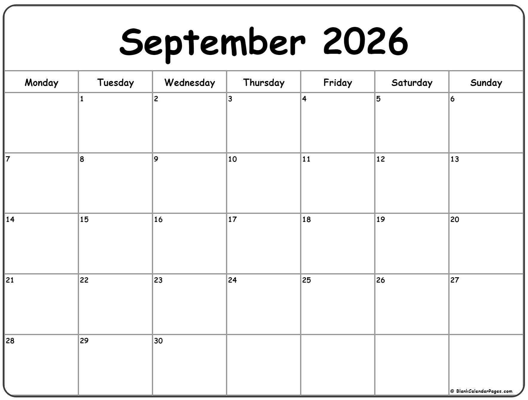 september 2026 monday calendar monday to sunday
