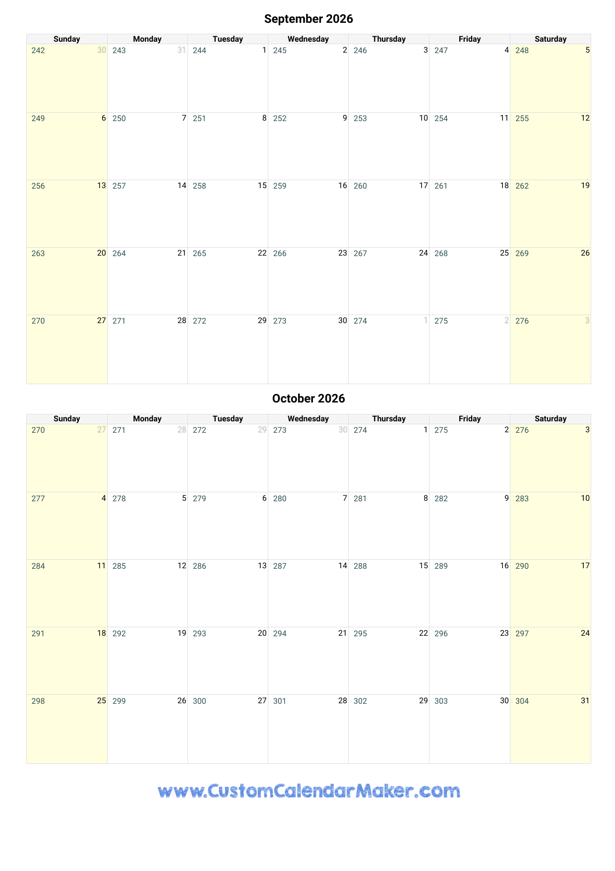 September And October 2026 Calendar Custom Calendar Maker