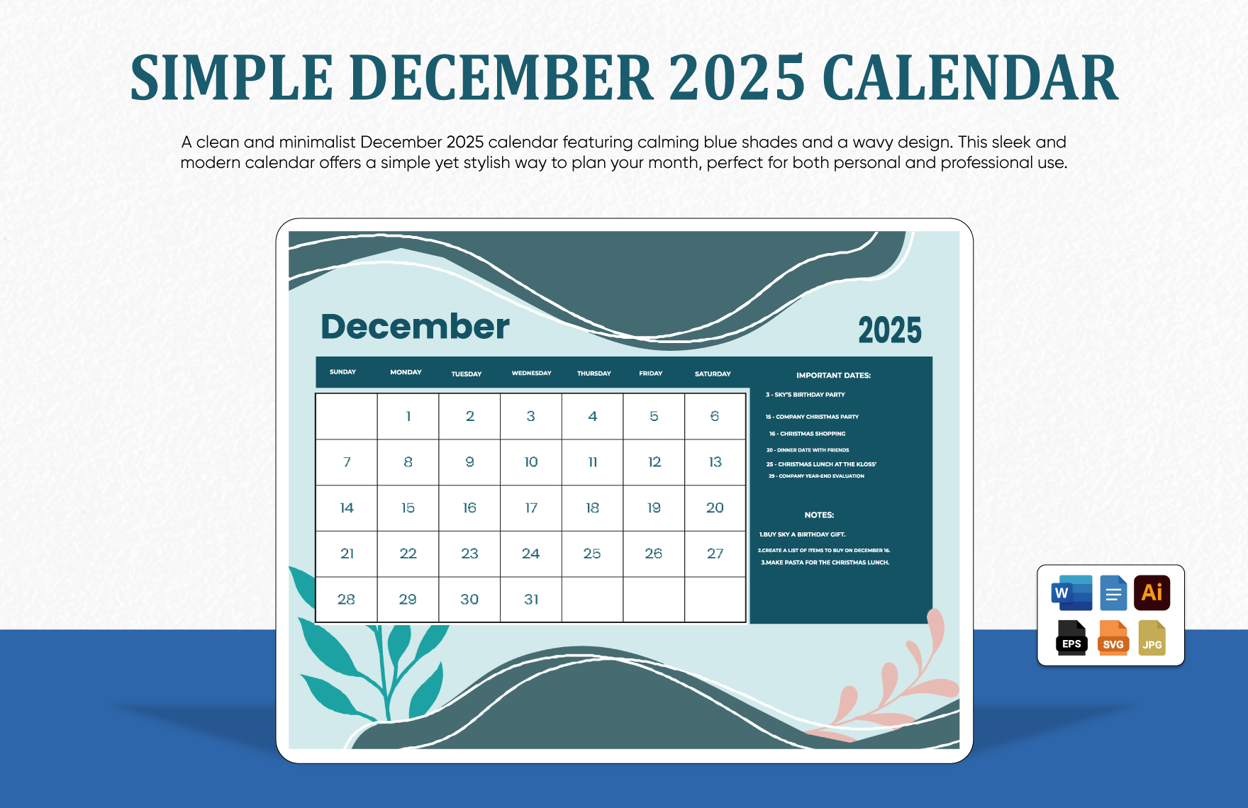 Simple December 2025 Calendar In EPS Illustrator JPG Word SVG Google Docs To Download Template