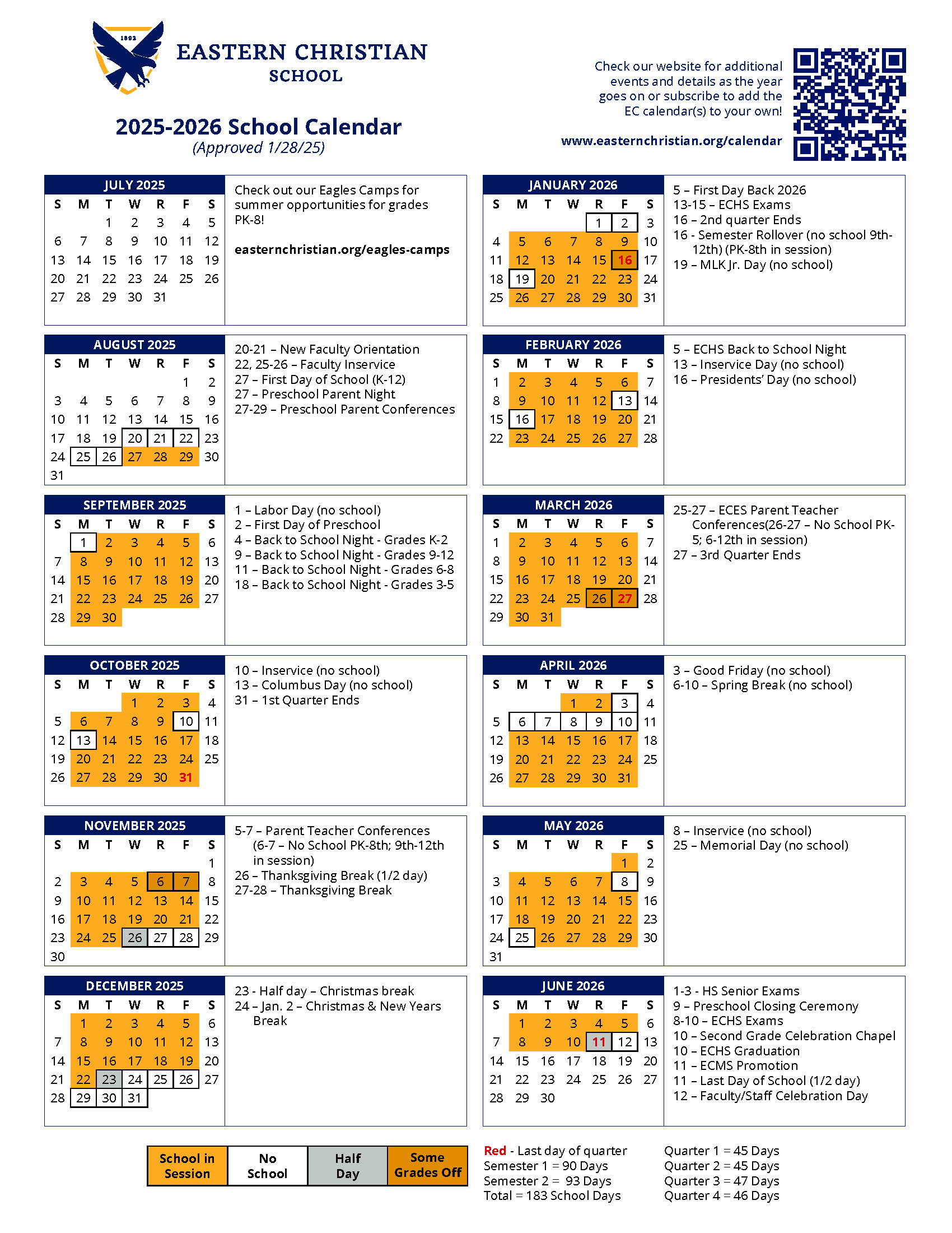Printable Academic Calendar 2025-2026