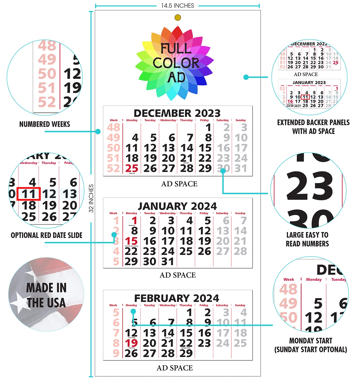 Three Month At A Glance Four Panel Calendar European Style 