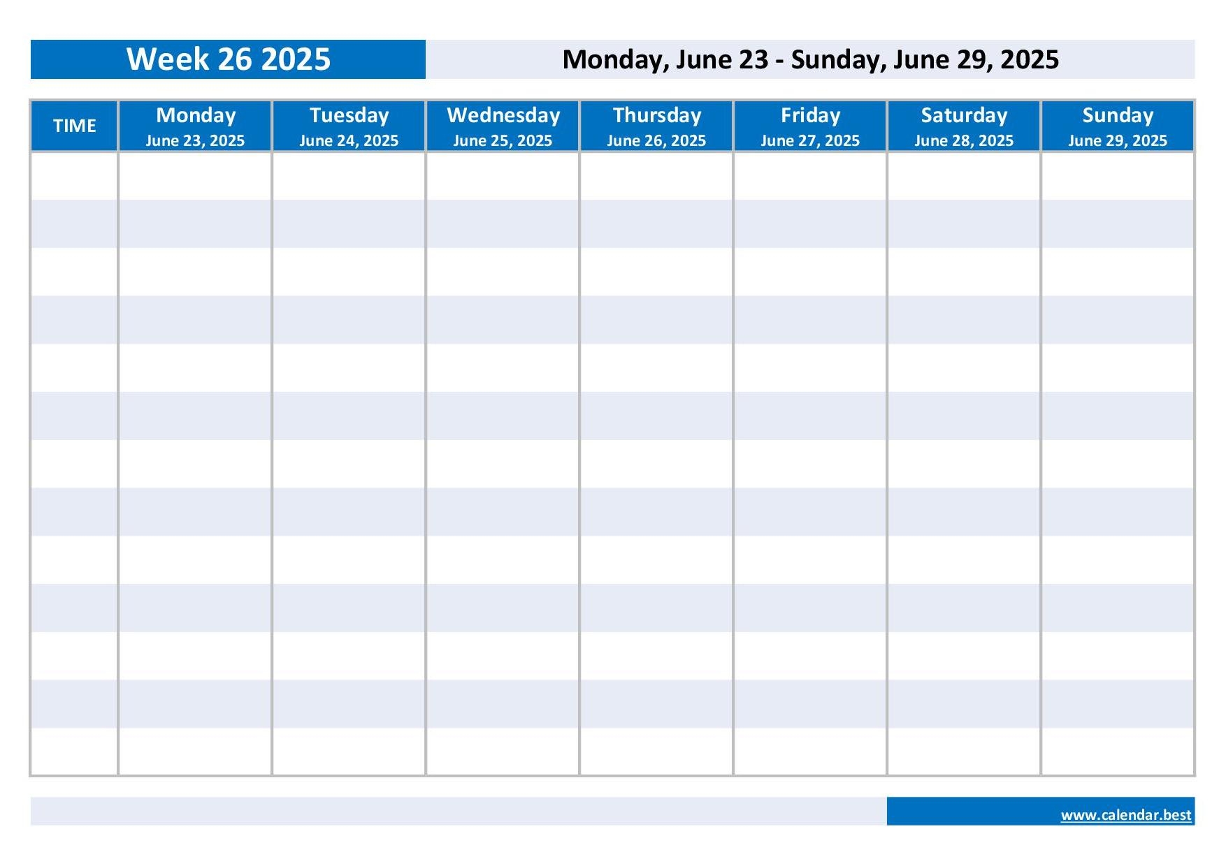 week 26 2025 dates calendar and weekly schedule to print