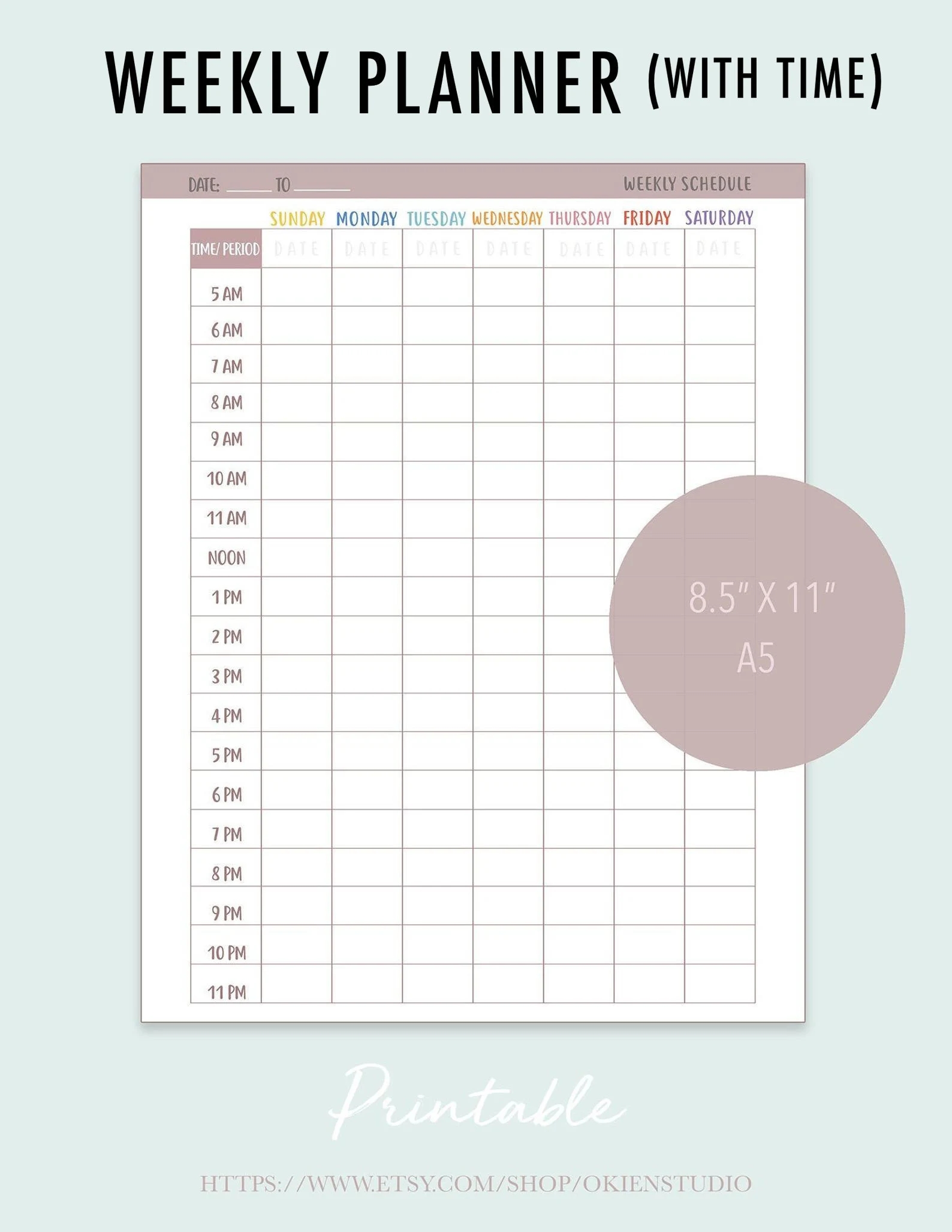 Weekly Calendar Printable Time Slot Offfice Work Reminder Task Weekly Organize Time Appointment Calendar Weekly Schedule Planner Job Etsy