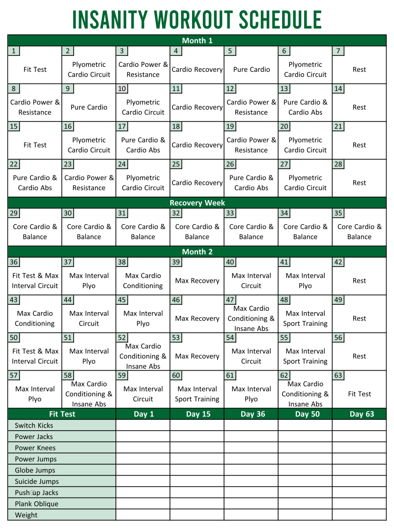 Insanity Workout Calendar Printable