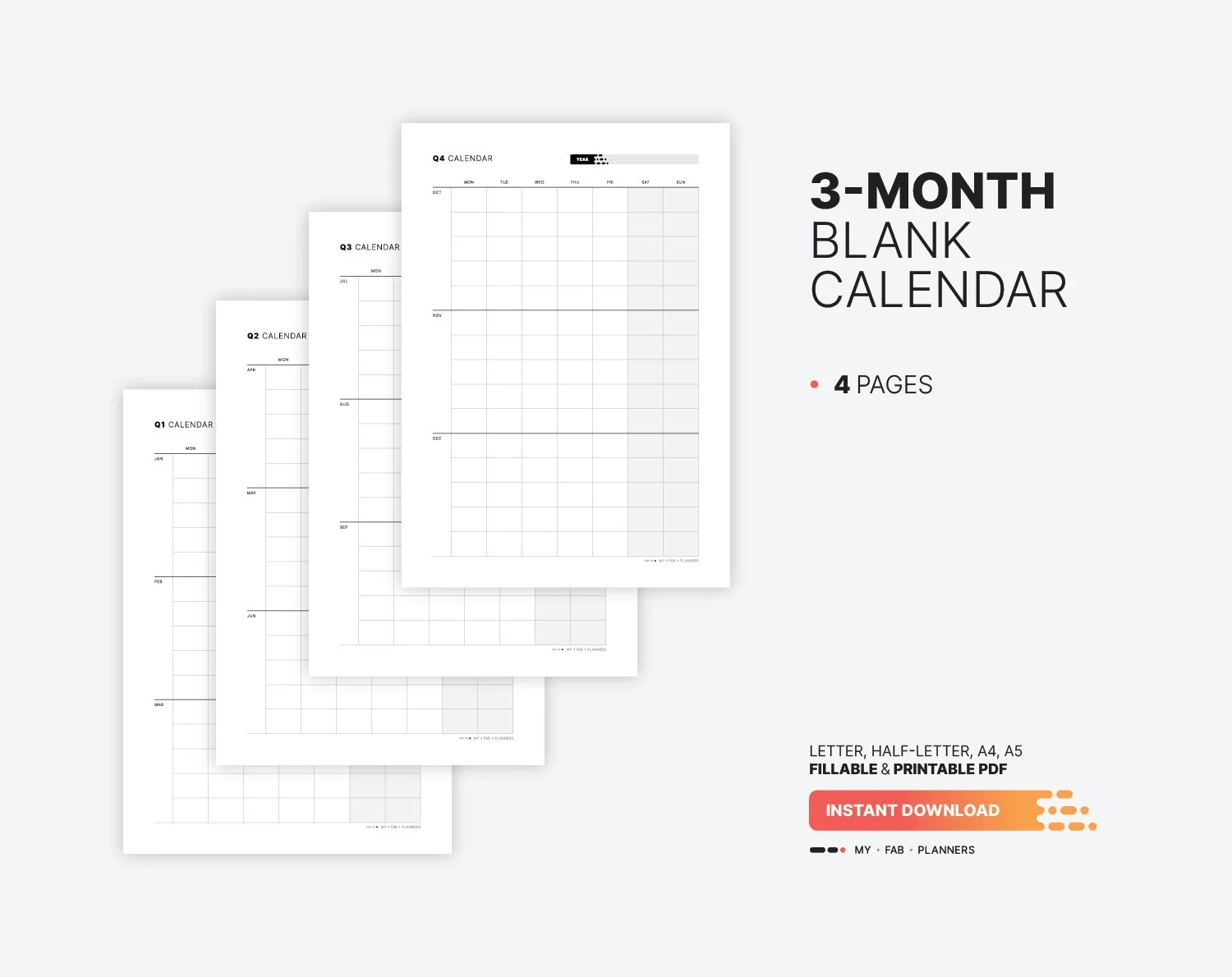 Yearly 3 month Calendar Quarterly Fillable Planner Template Yearly Monthly Wall Calendar Printable Letter Half letter A4 A5 PDF Etsy