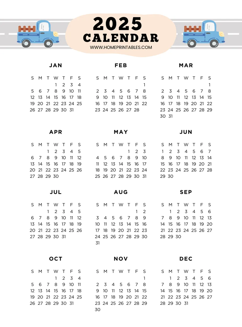 2025 Year Calendar Printable One Page